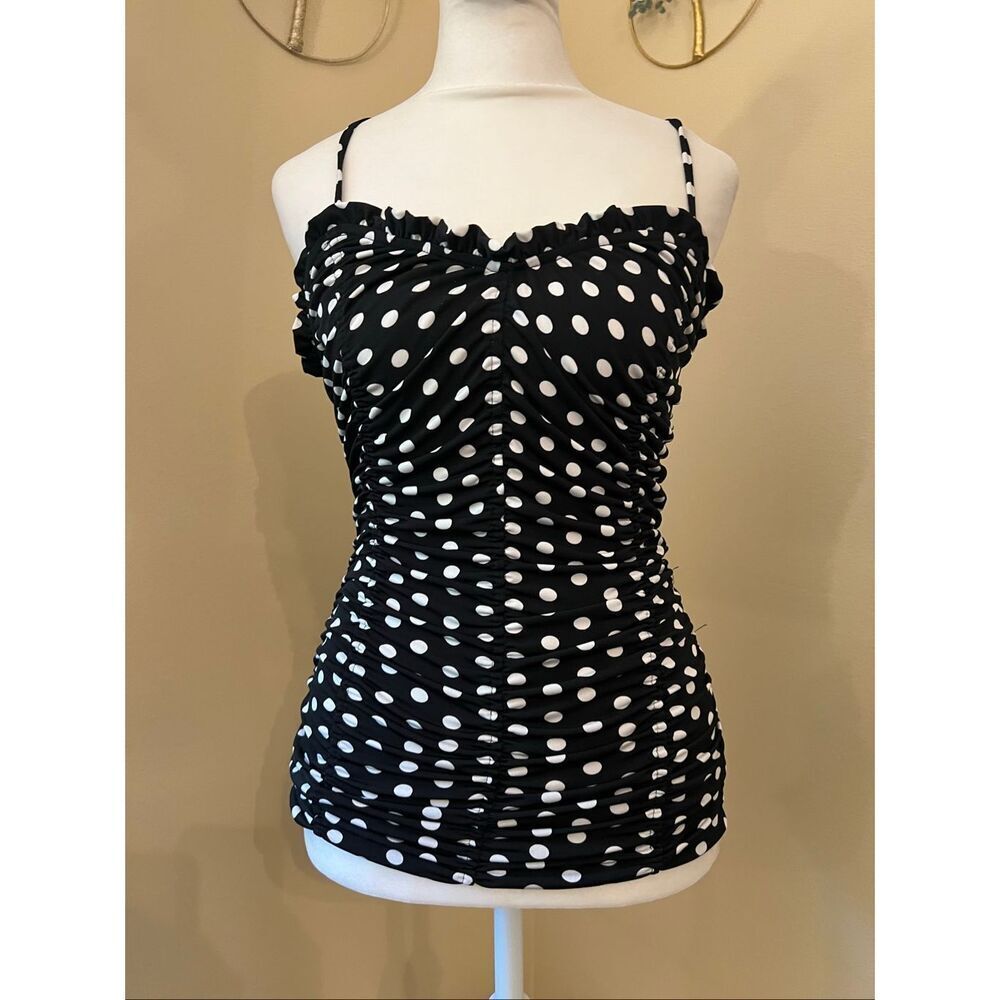 Venus Black White Polka Dot Ruched Sweetheart Ruffle Neckline Cami Tank Small